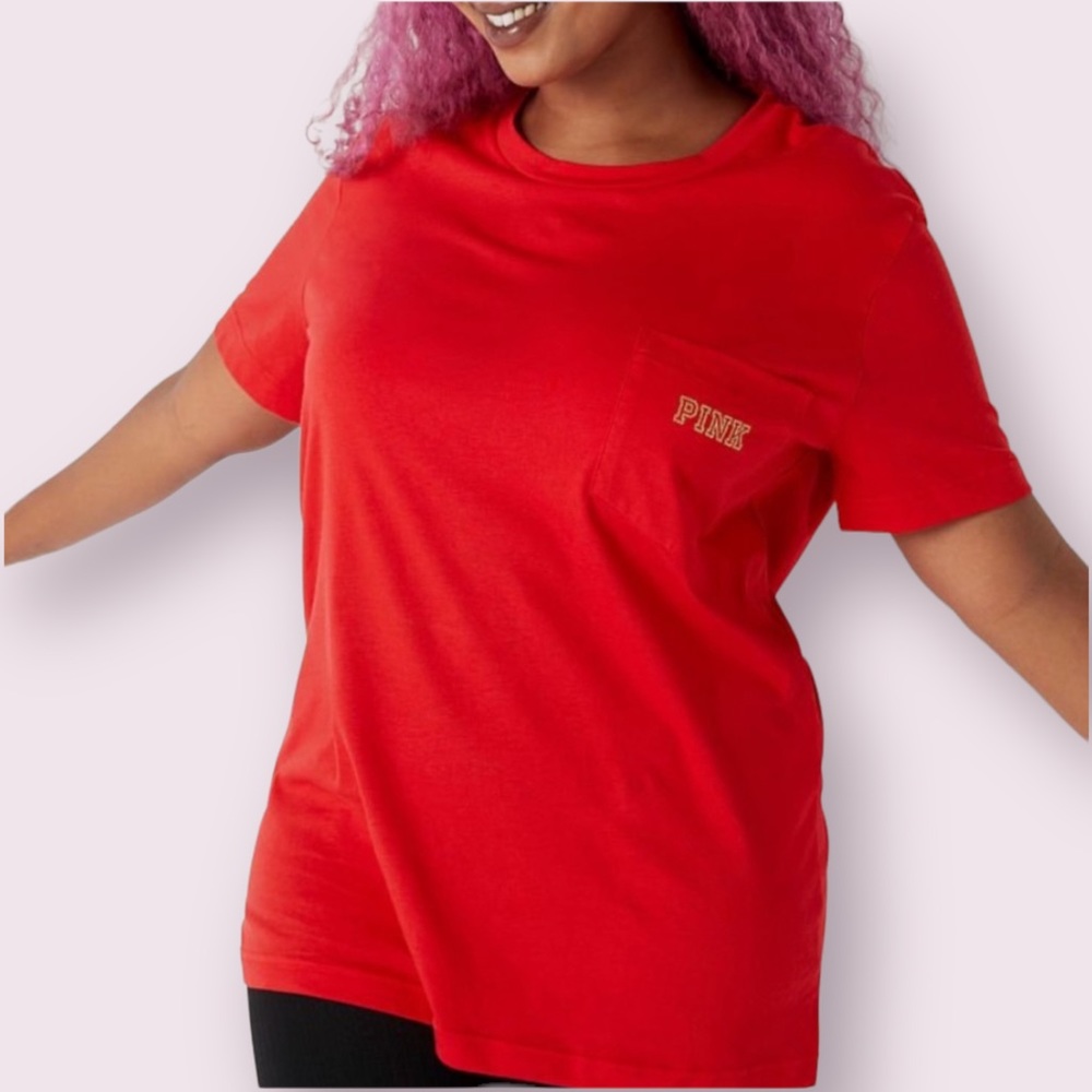 PINK Victoria's Secret Red and Gold Bling Short Sleeve Campus Tee Size Small